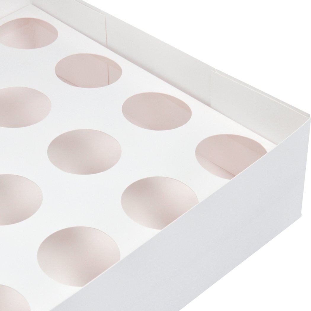 24 Holes Cupcake Boxes with window face and inserts, showcasing a variety of colorful cupcakes inside.