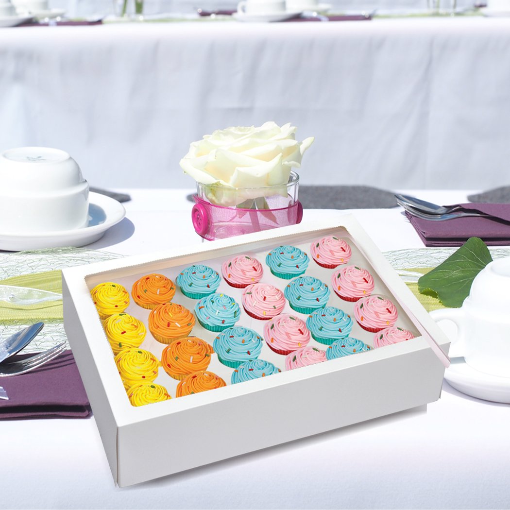 24 Holes Cupcake Boxes with window face and inserts, showcasing a variety of colorful cupcakes inside.