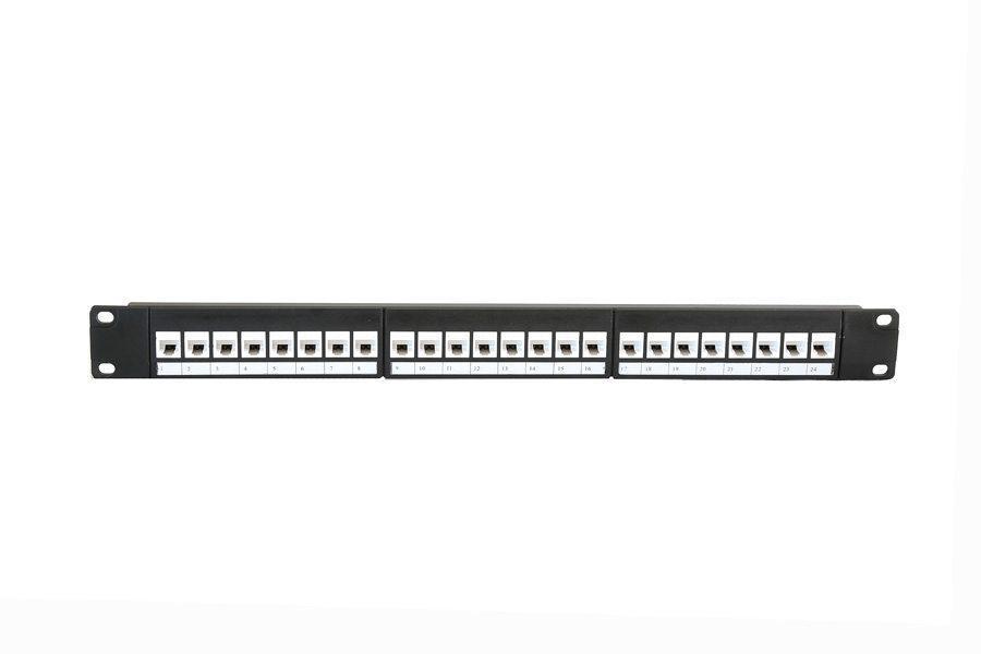 24 Port 1RU Unloaded Keystone Panel made of durable steel, designed for UTP and S/FTP jacks, suitable for various cabling applications.