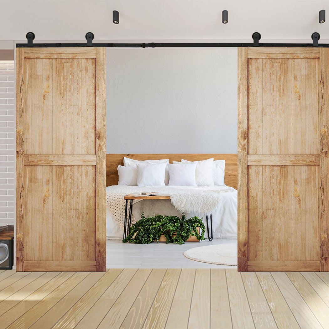 2.44M Antique Classic Style Double Sliding Barn Door Hardware Track featuring heavy-duty carbon steel construction and smooth operation wheels.