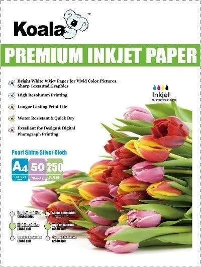 250gm A4 Pearl Shine Silver Cloth with a textured surface and pearl gloss finish, ideal for scrapbooking and creative projects.