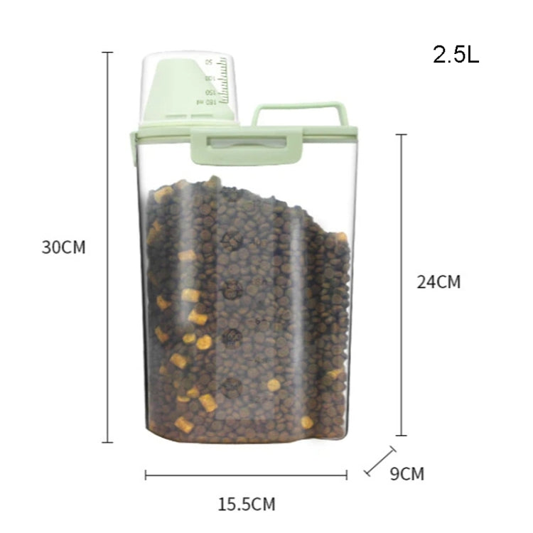 2.5L Pet Food Storage Bucket with snap closure and measuring cup, designed for moisture-proof storage.
