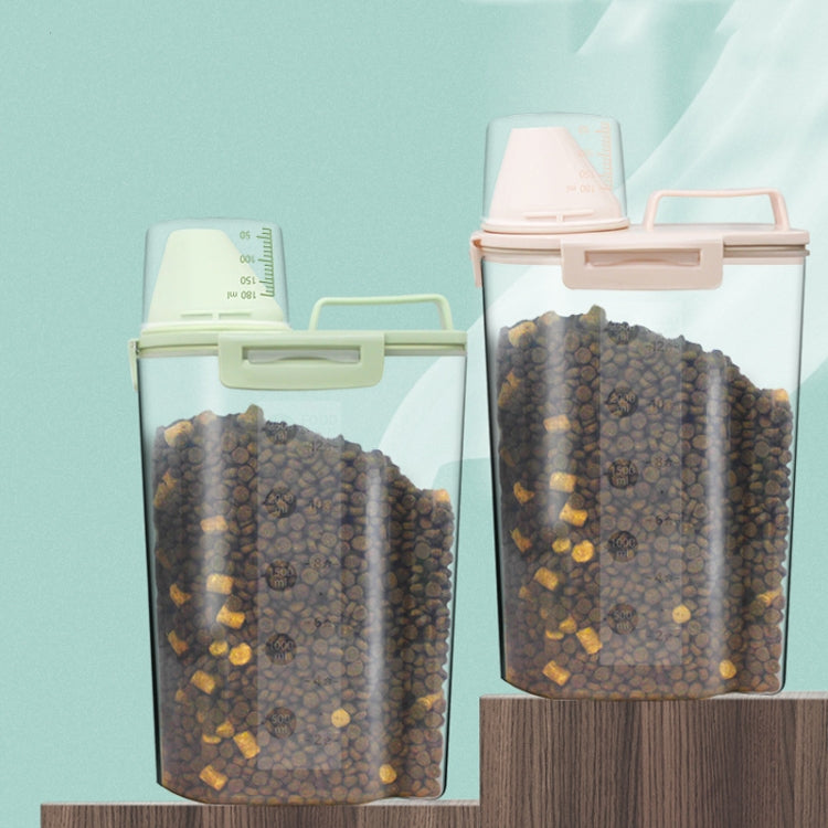 2.5L Pet Food Storage Bucket with snap closure and measuring cup, designed for moisture-proof storage.