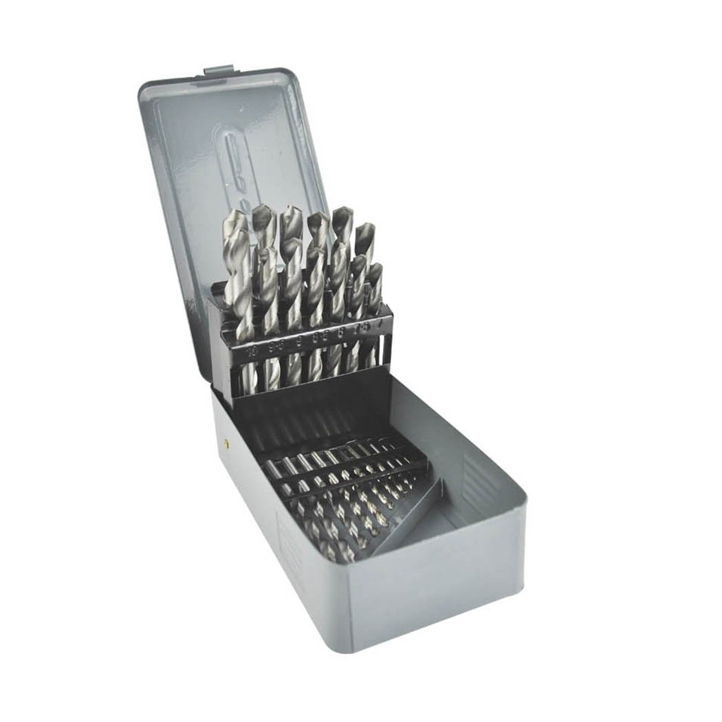 25Pcs HSS Drill Bit Set displayed in a heavy-duty metal case, showcasing various sizes from 1mm to 13mm, ideal for precision drilling.