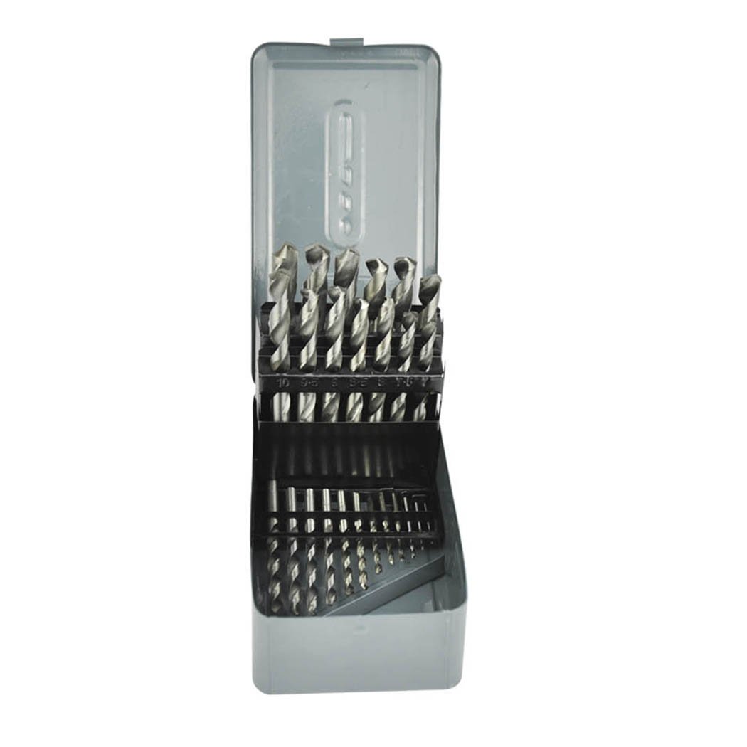 25Pcs HSS Drill Bit Set displayed in a heavy-duty metal case, showcasing various sizes from 1mm to 13mm, ideal for precision drilling.