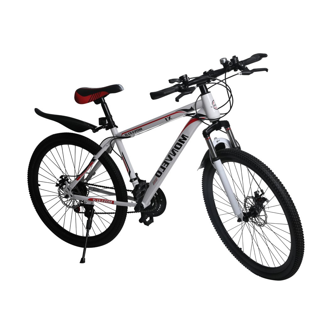 A sleek 26'' Mountain Bike with a carbon steel frame, 21-speed gear system, and dual disc brakes, showcasing its ergonomic saddle and stylish design.