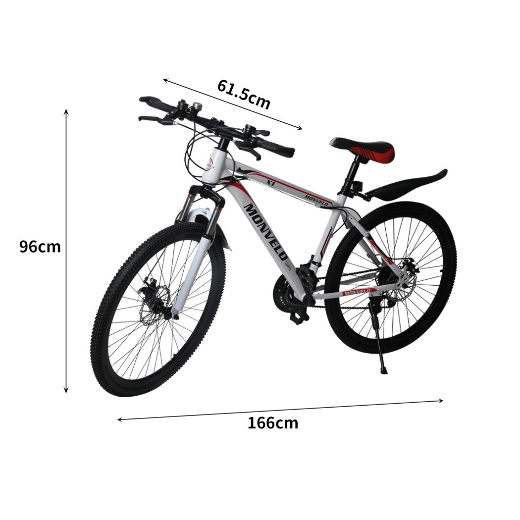 A sleek 26'' Mountain Bike with a carbon steel frame, 21-speed gear system, and dual disc brakes, showcasing its ergonomic saddle and stylish design.