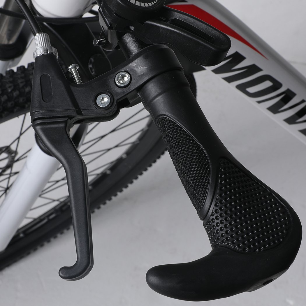 A sleek 26'' Mountain Bike with a carbon steel frame, 21-speed gear system, and dual disc brakes, showcasing its ergonomic saddle and stylish design.