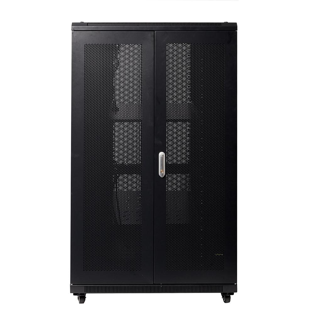 27RU server rack with bi-fold mesh doors, showcasing its sturdy construction and lockable features.