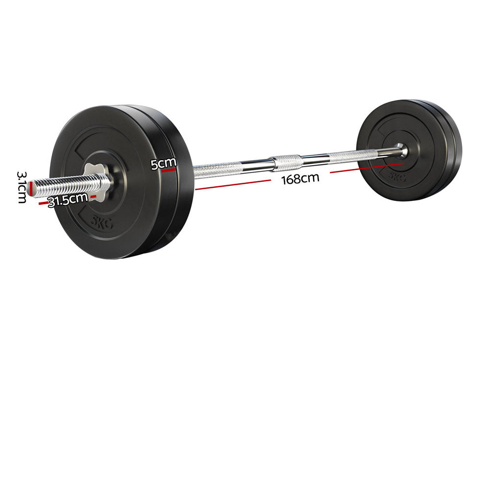 28KG Barbell Weight Set featuring 4 rubber-coated weight plates and a chrome plated barbell bar, ideal for home fitness workouts.