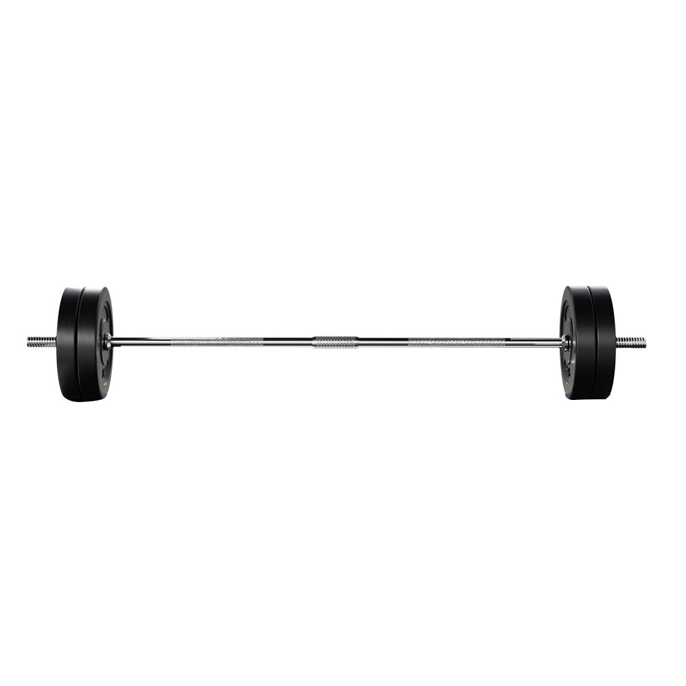 28KG Barbell Weight Set featuring 4 rubber-coated weight plates and a chrome plated barbell bar, ideal for home fitness workouts.