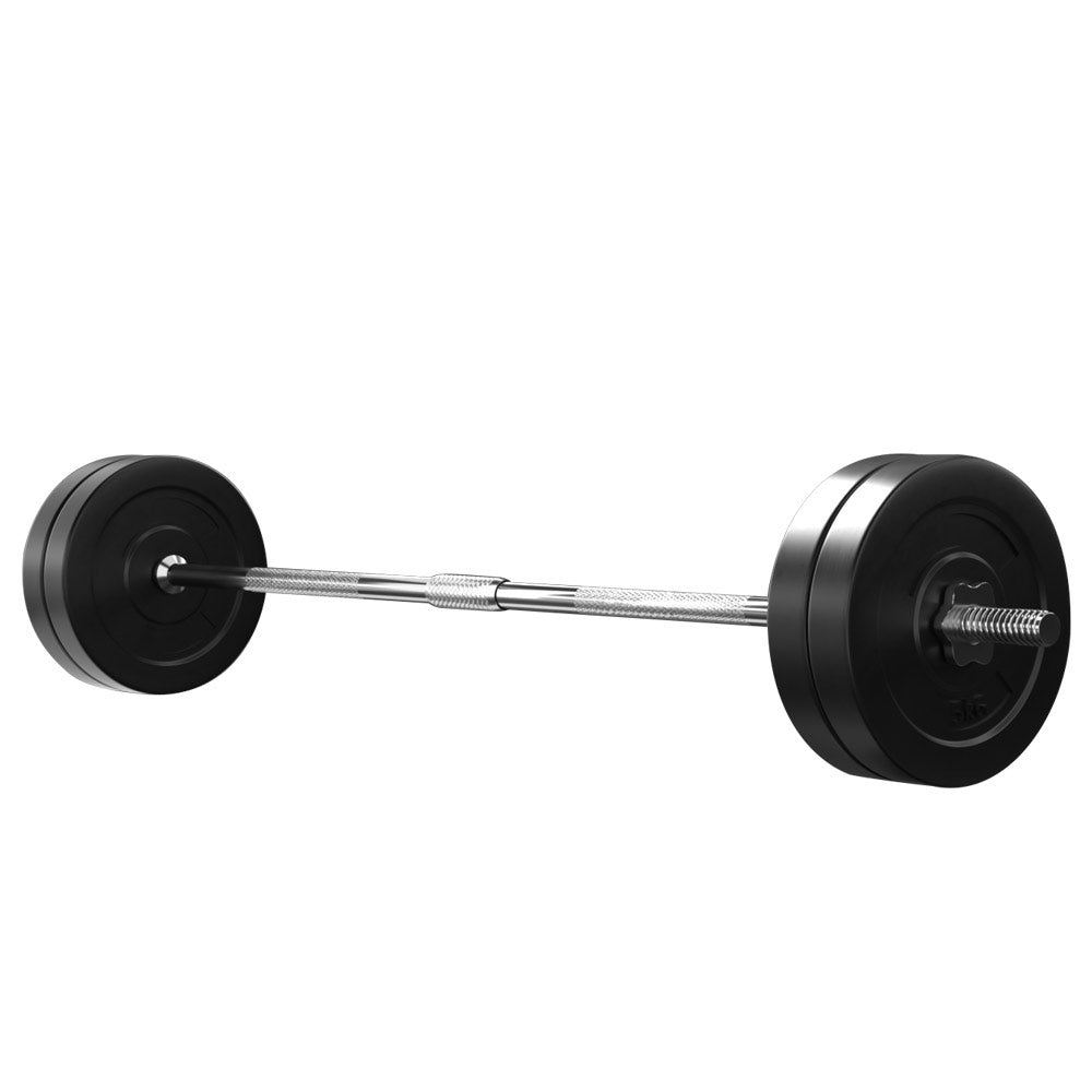 28KG Barbell Weight Set featuring 4 rubber-coated weight plates and a chrome plated barbell bar, ideal for home fitness workouts.