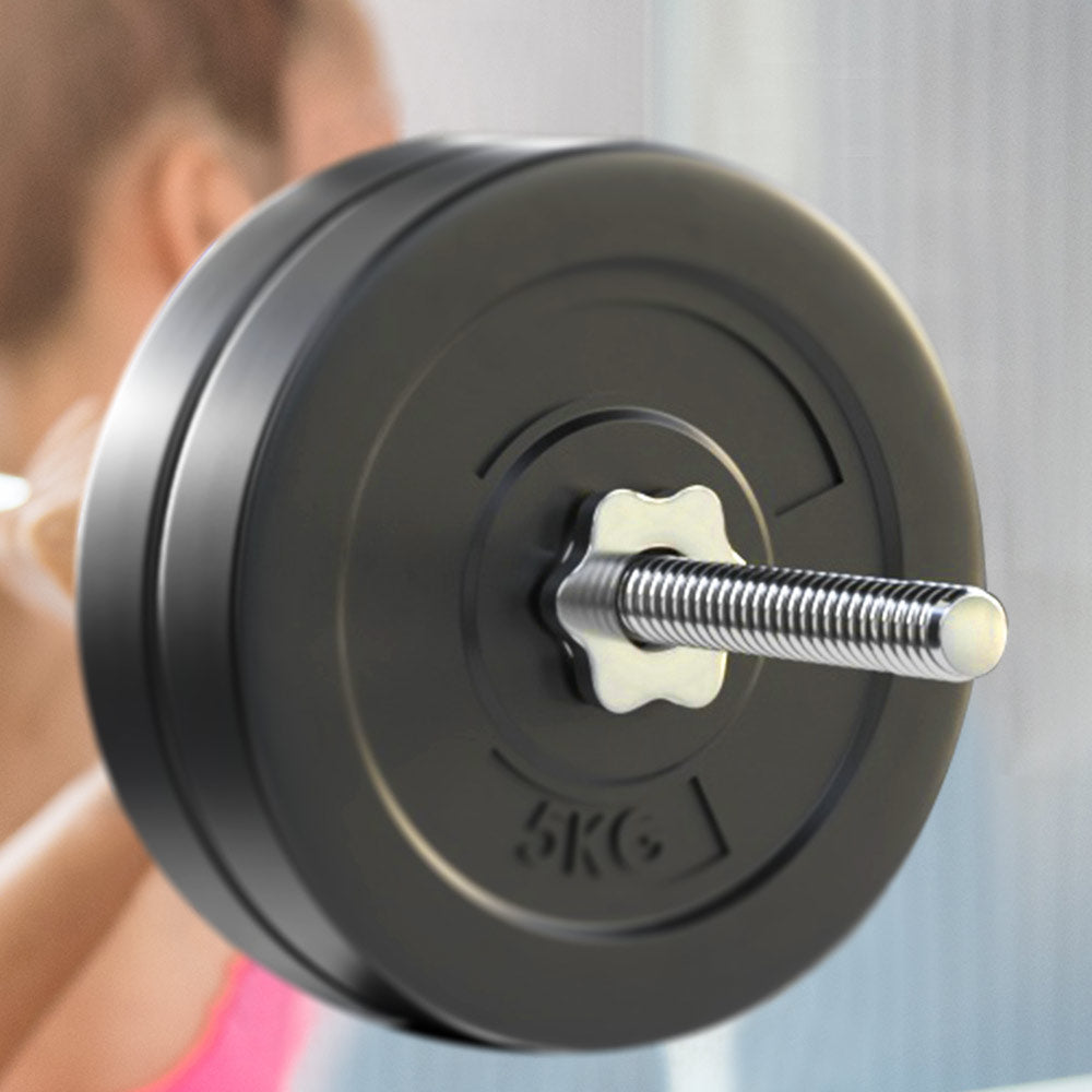 28KG Barbell Weight Set featuring 4 rubber-coated weight plates and a chrome plated barbell bar, ideal for home fitness workouts.