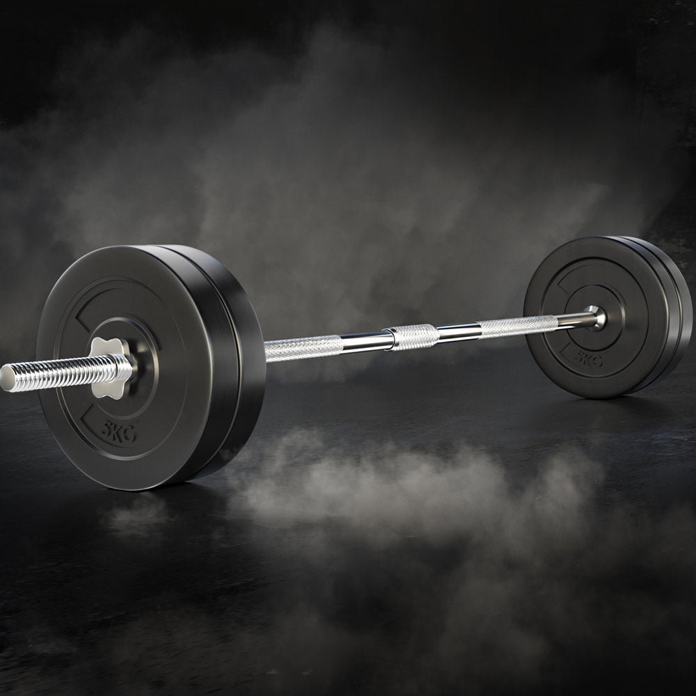 28KG Barbell Weight Set featuring 4 rubber-coated weight plates and a chrome plated barbell bar, ideal for home fitness workouts.