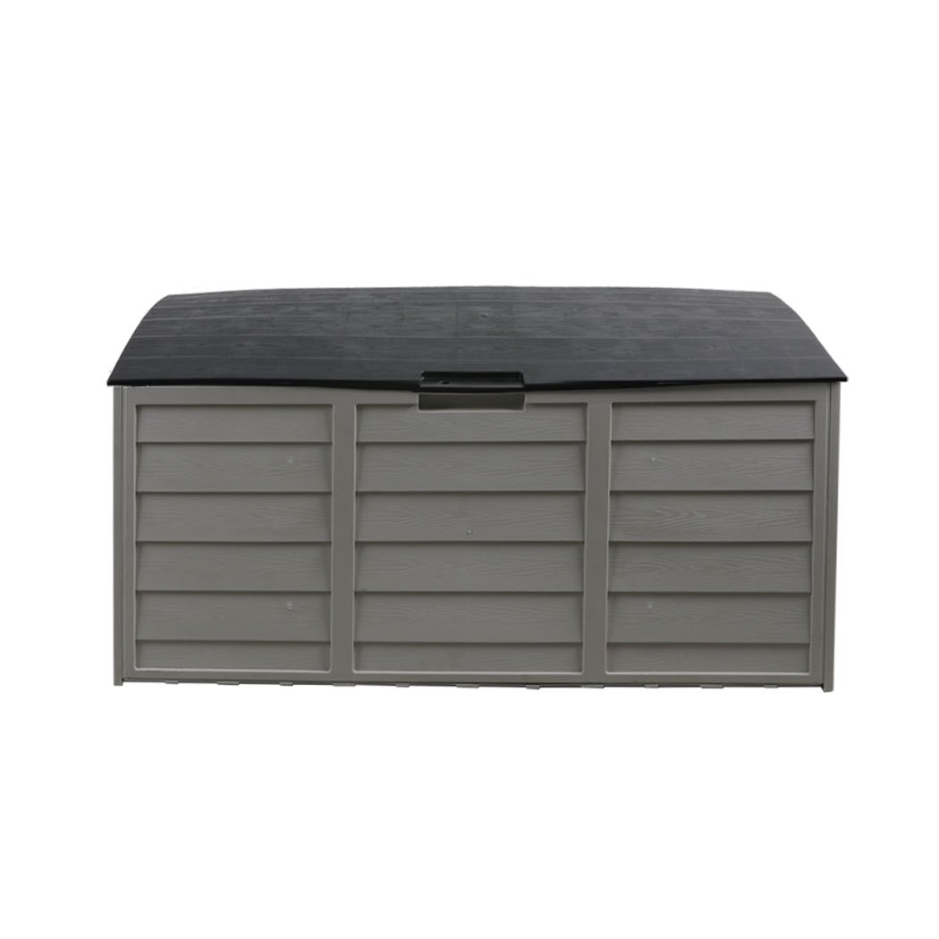 290L Outdoor Storage Box in black, featuring a spacious design with wheels and an adjustable lid for easy access.