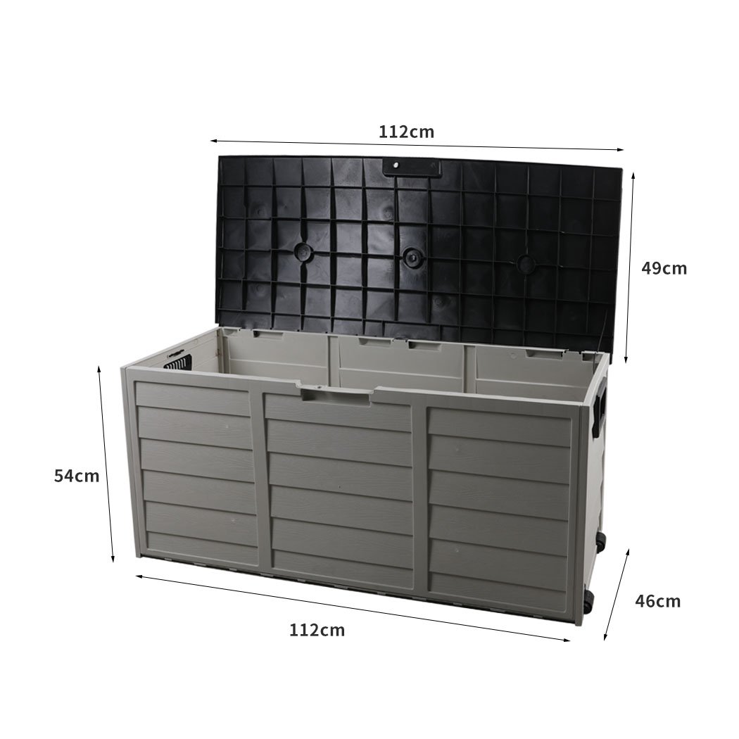 290L Outdoor Storage Box in black, featuring a spacious design with wheels and an adjustable lid for easy access.