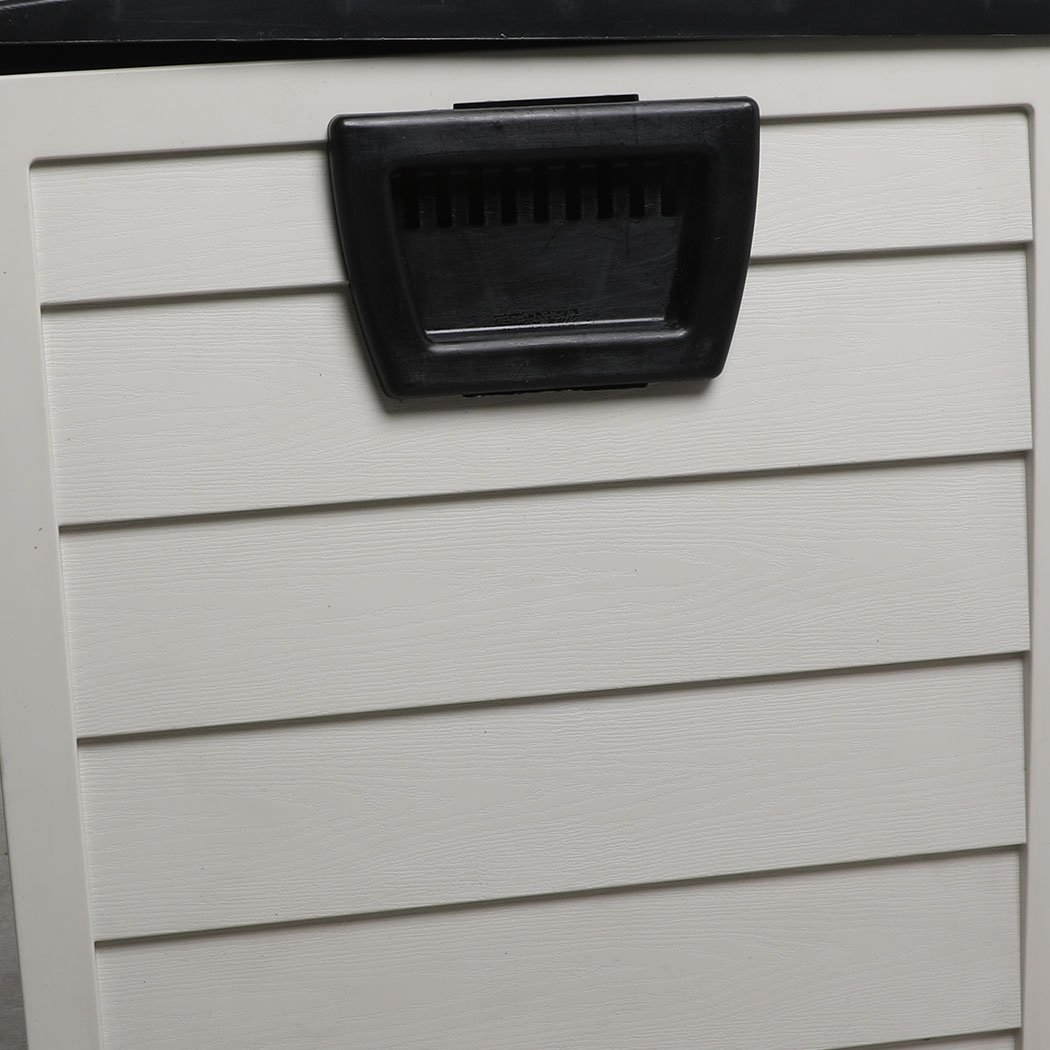 290L Outdoor Storage Box in black, featuring a spacious design with wheels and an adjustable lid for easy access.