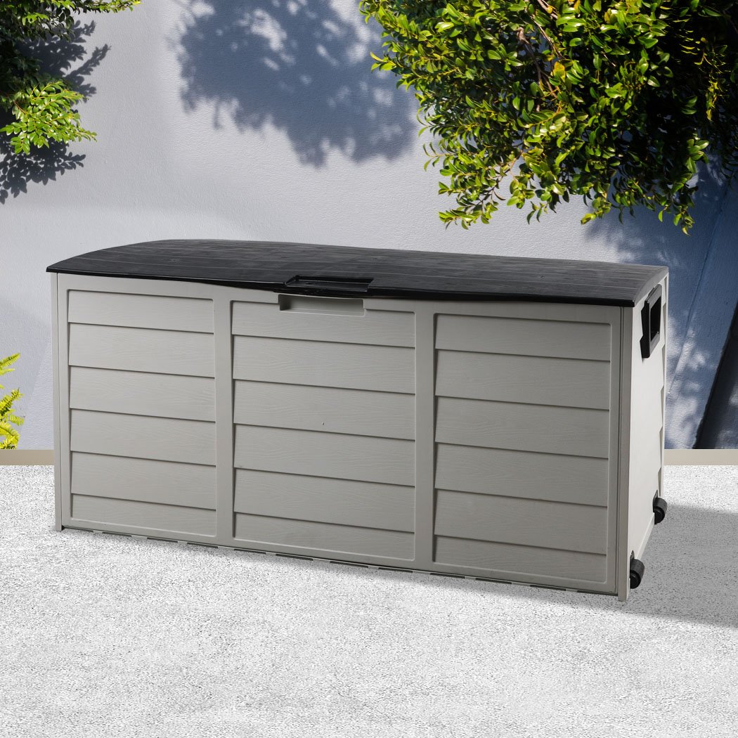 290L Outdoor Storage Box in black, featuring a spacious design with wheels and an adjustable lid for easy access.