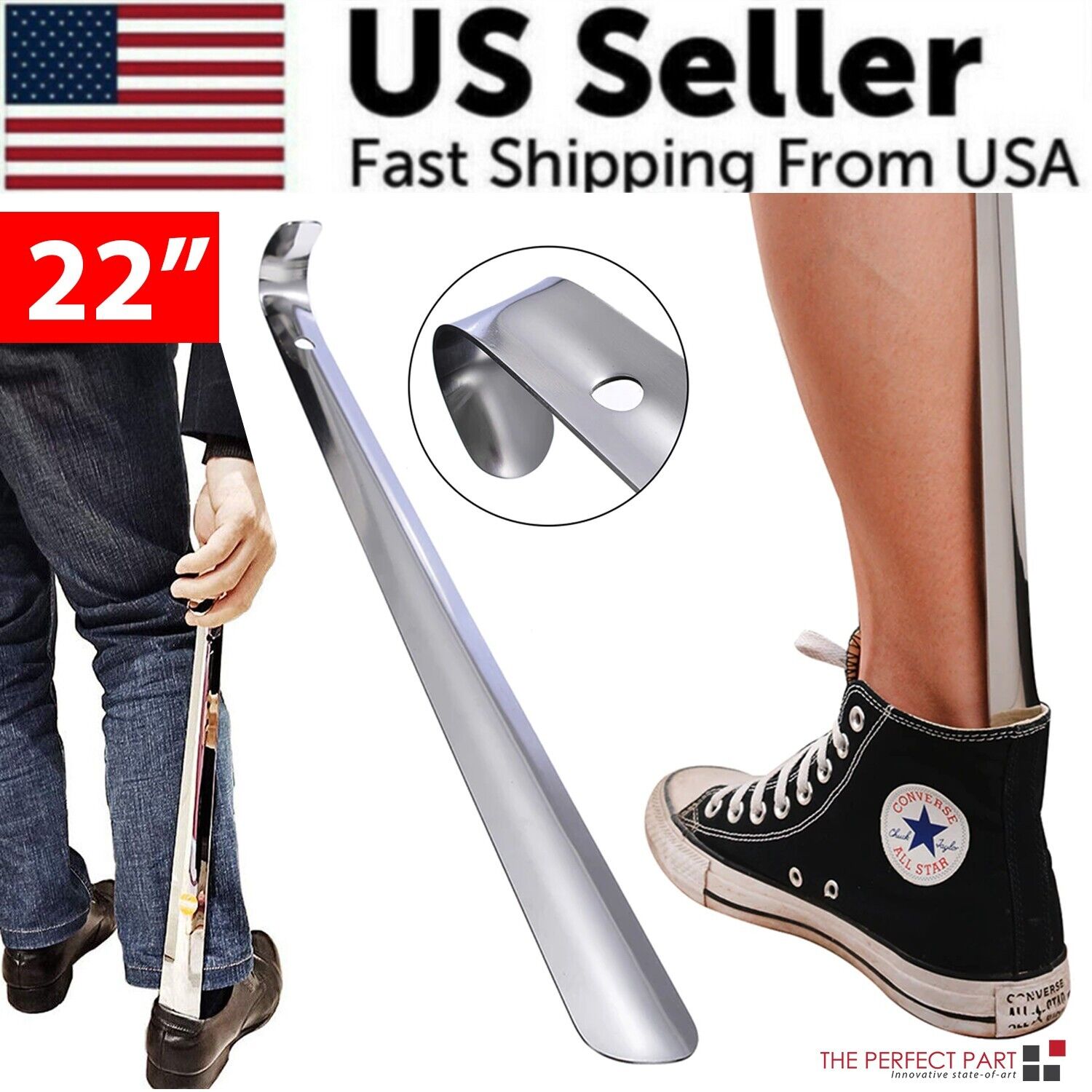 22-inch extra long handle shoe horn made of stainless steel, designed for easy shoe removal.
