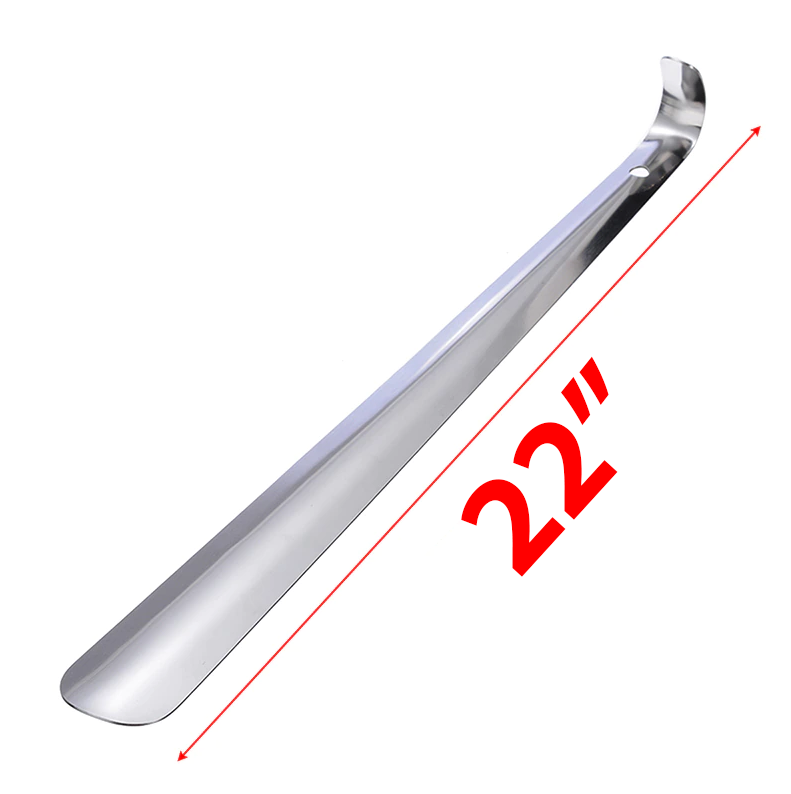 22-inch extra long handle shoe horn made of stainless steel, designed for easy shoe removal.