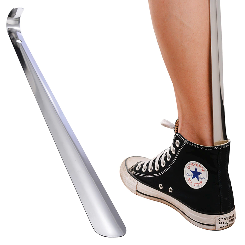 22-inch extra long handle shoe horn made of stainless steel, designed for easy shoe removal.