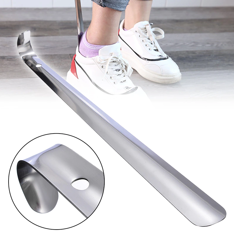 22-inch extra long handle shoe horn made of stainless steel, designed for easy shoe removal.