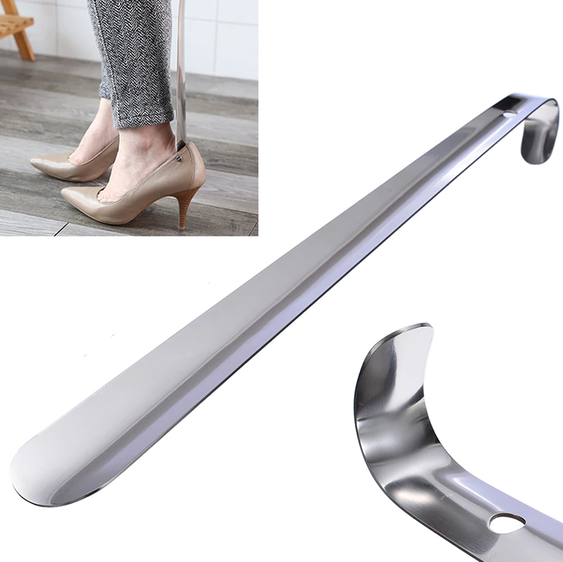 22-inch extra long handle shoe horn made of stainless steel, designed for easy shoe removal.
