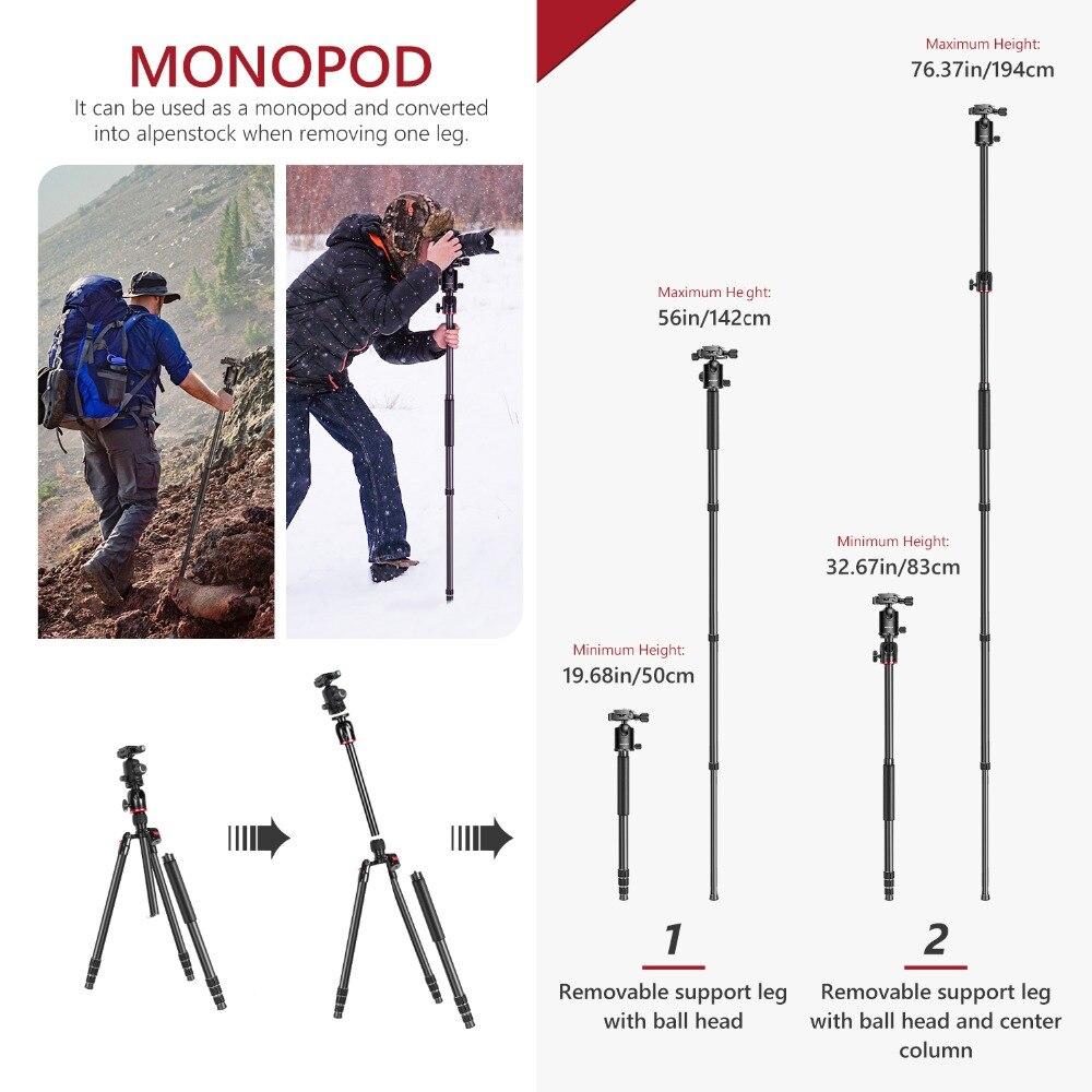 2-in-1 Camera Tripod Monopod featuring a 360-degree rotatable center column, made from high-density aluminum alloy, ideal for various camera types.