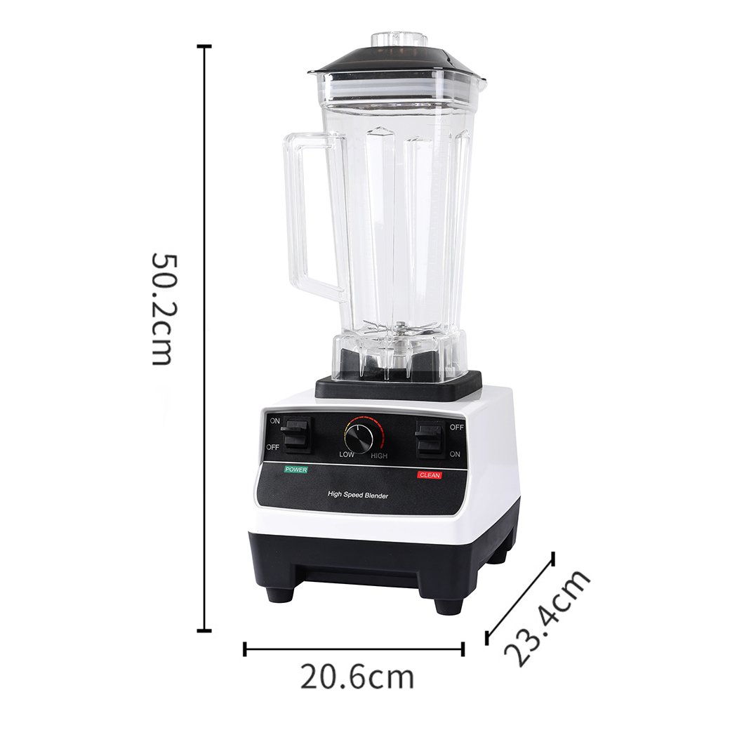 2L Commercial Blender Mixer with a white ABS frame and a food-grade polycarbonate jug, featuring stainless steel blades and a variable speed dial.