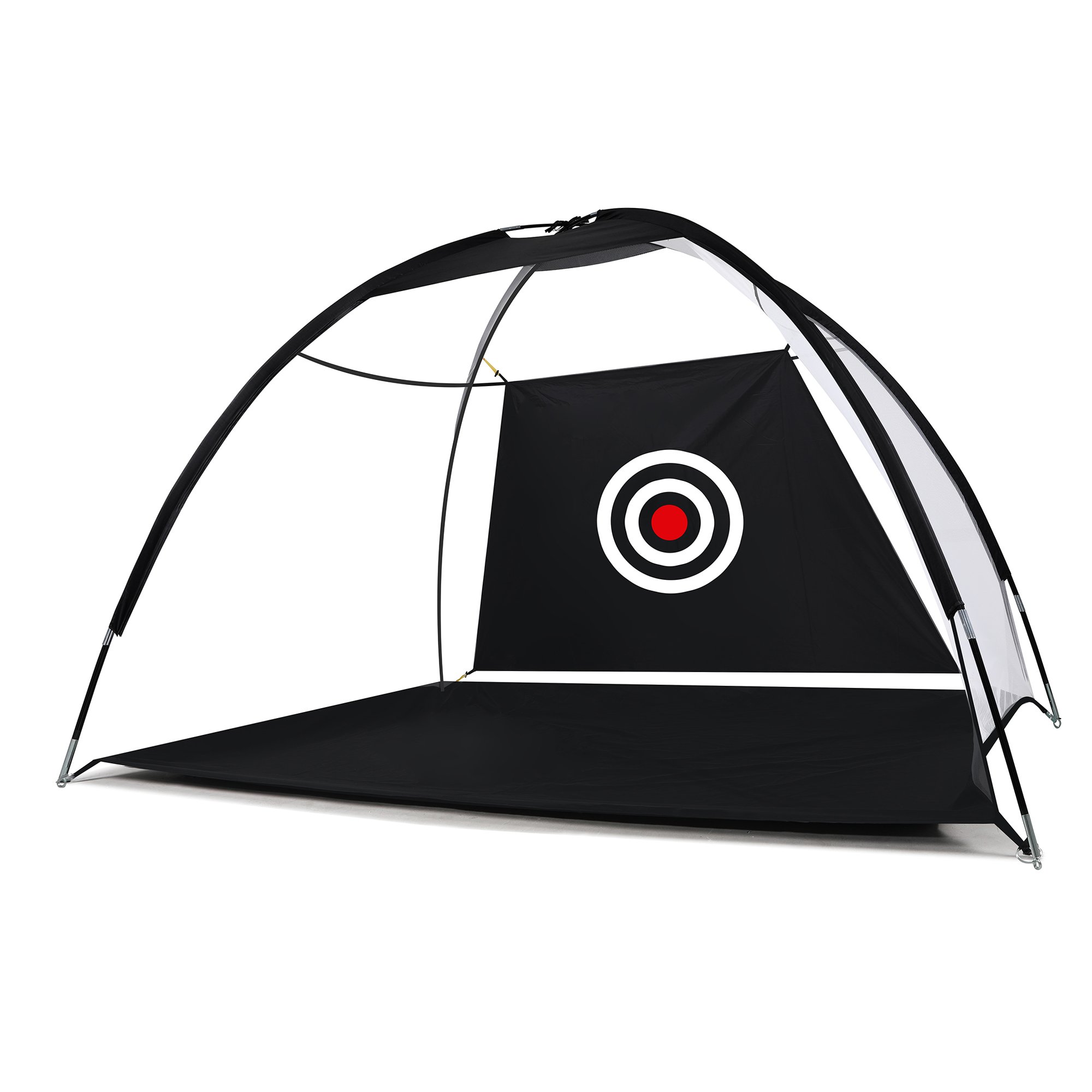 2M Golf Practice Net set up in a backyard, showcasing its ultra-wide design and sturdy construction with a target.