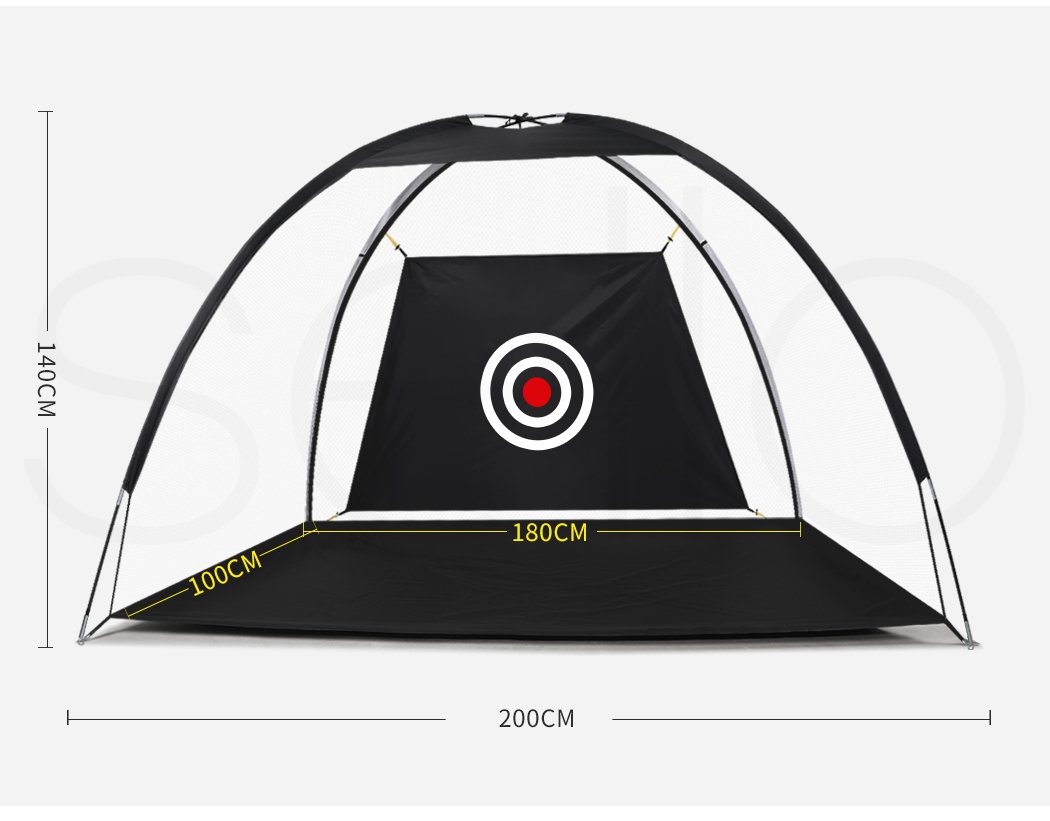 2M Golf Practice Net set up in a backyard, showcasing its ultra-wide design and sturdy construction with a target.