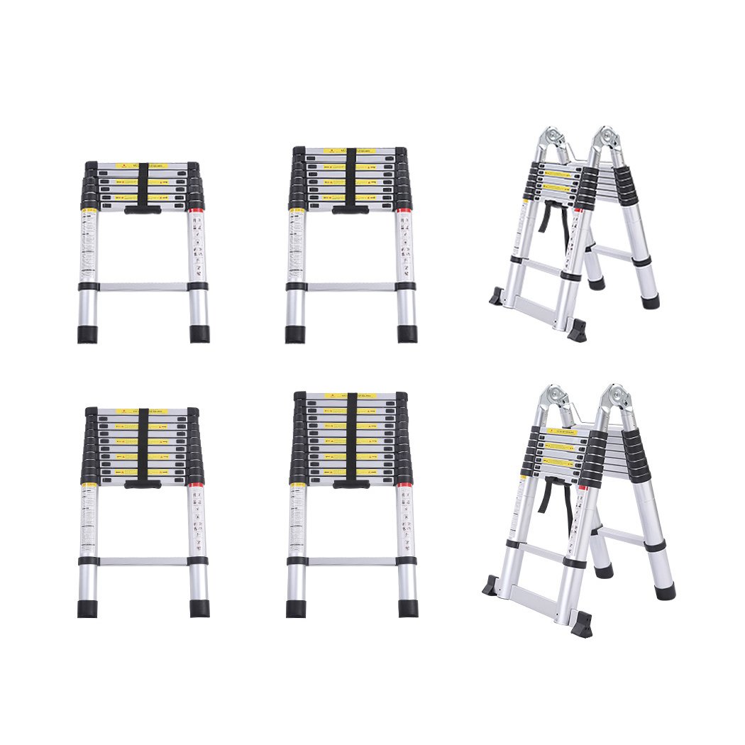 2M Telescopic Aluminium Multipurpose Ladder with anti-skid footboard and rubber-tipped feet, showcasing its extendable design.