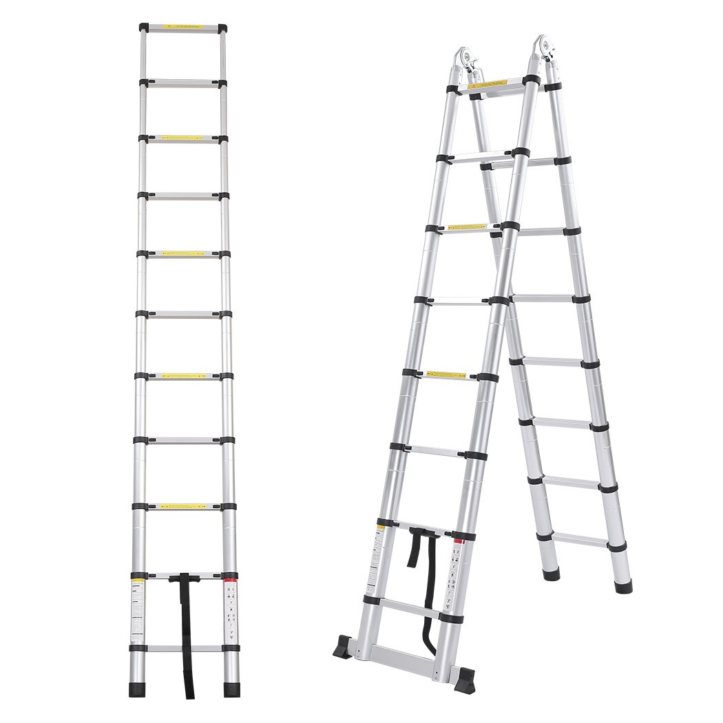 2M Telescopic Aluminium Multipurpose Ladder with anti-skid footboard and rubber-tipped feet, showcasing its extendable design.