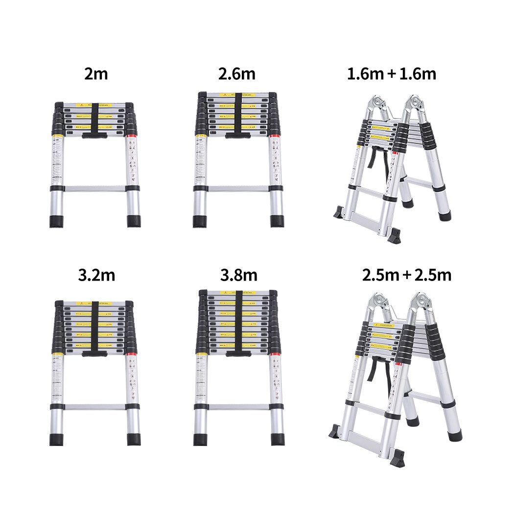 2M Telescopic Aluminium Multipurpose Ladder with anti-skid footboard and rubber-tipped feet, showcasing its extendable design.