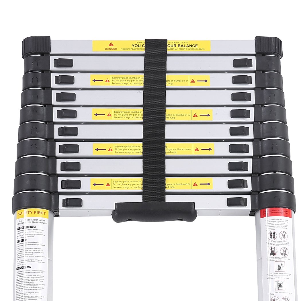 2M Telescopic Aluminium Multipurpose Ladder with anti-skid footboard and rubber-tipped feet, showcasing its extendable design.
