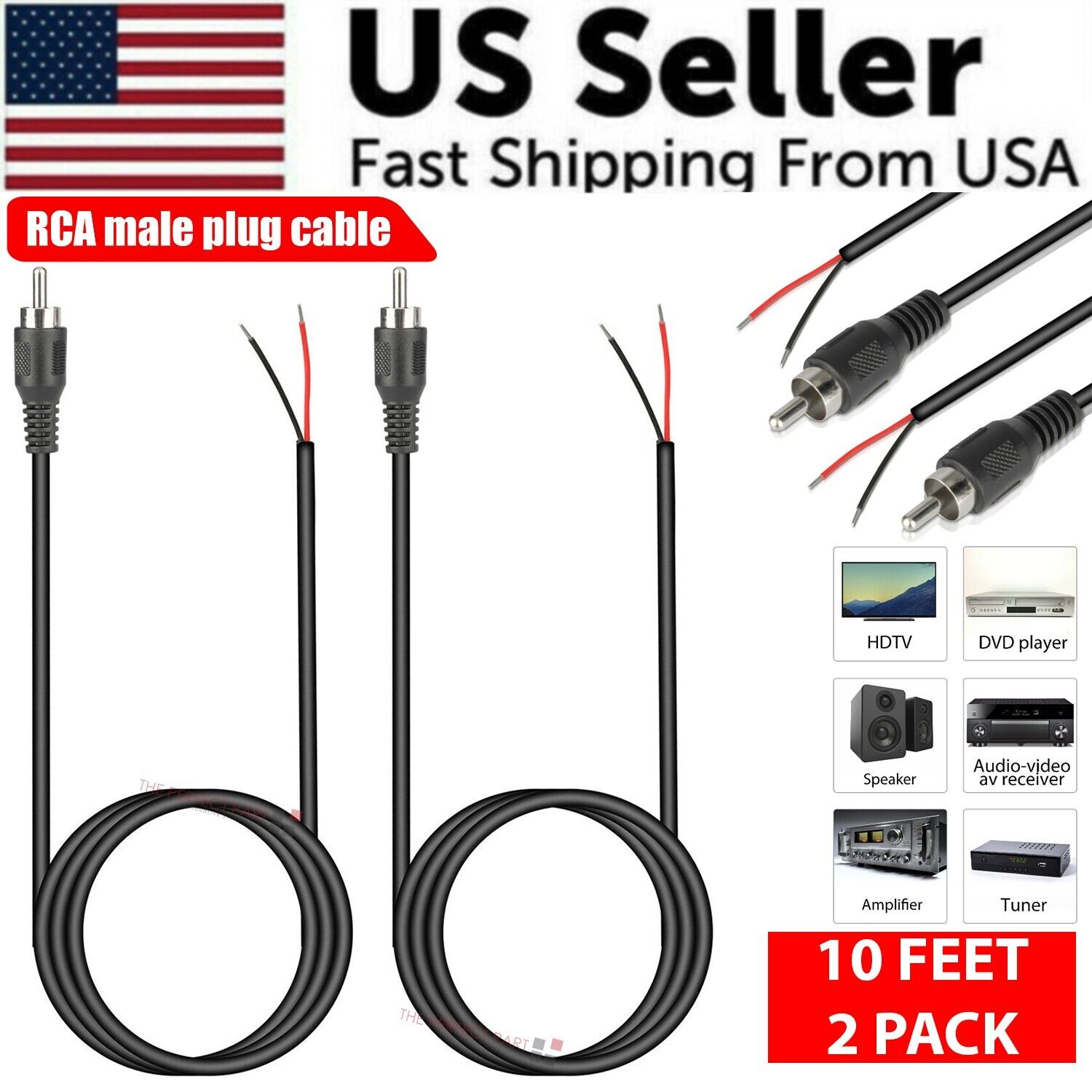 Two 10-foot RCA male plug to bare wire audio cables, ideal for connecting speakers and subwoofers.