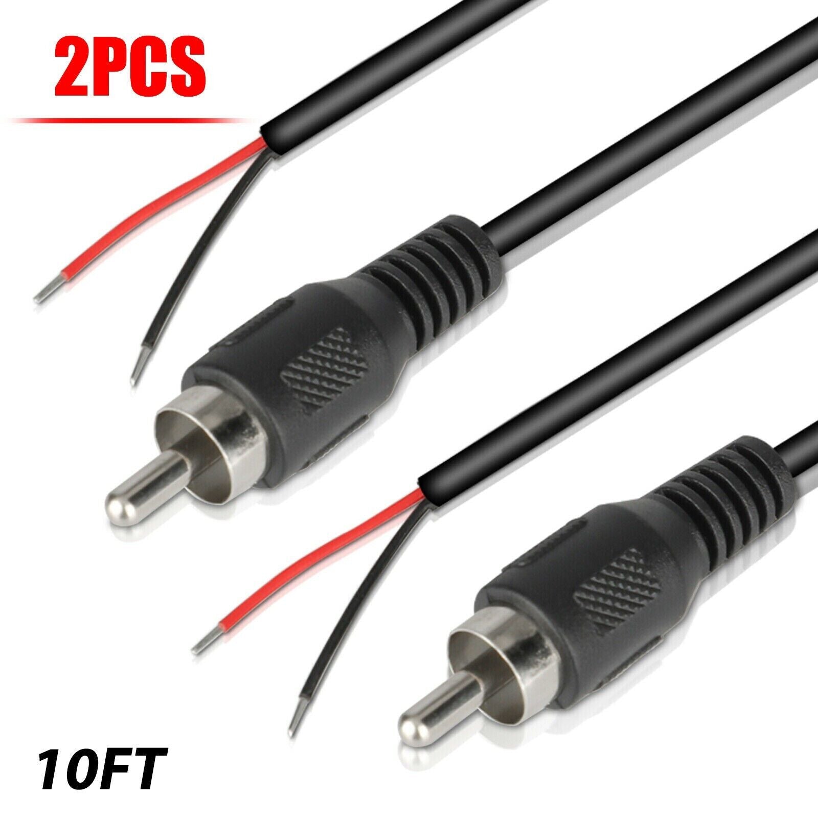 Two 10-foot RCA male plug to bare wire audio cables, ideal for connecting speakers and subwoofers.