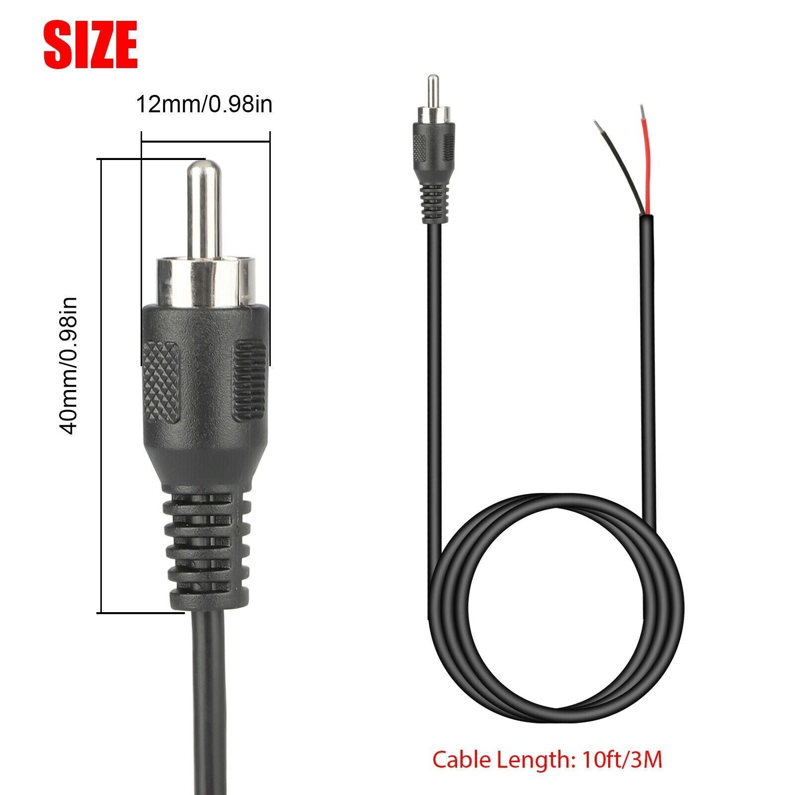 Two 10-foot RCA male plug to bare wire audio cables, ideal for connecting speakers and subwoofers.