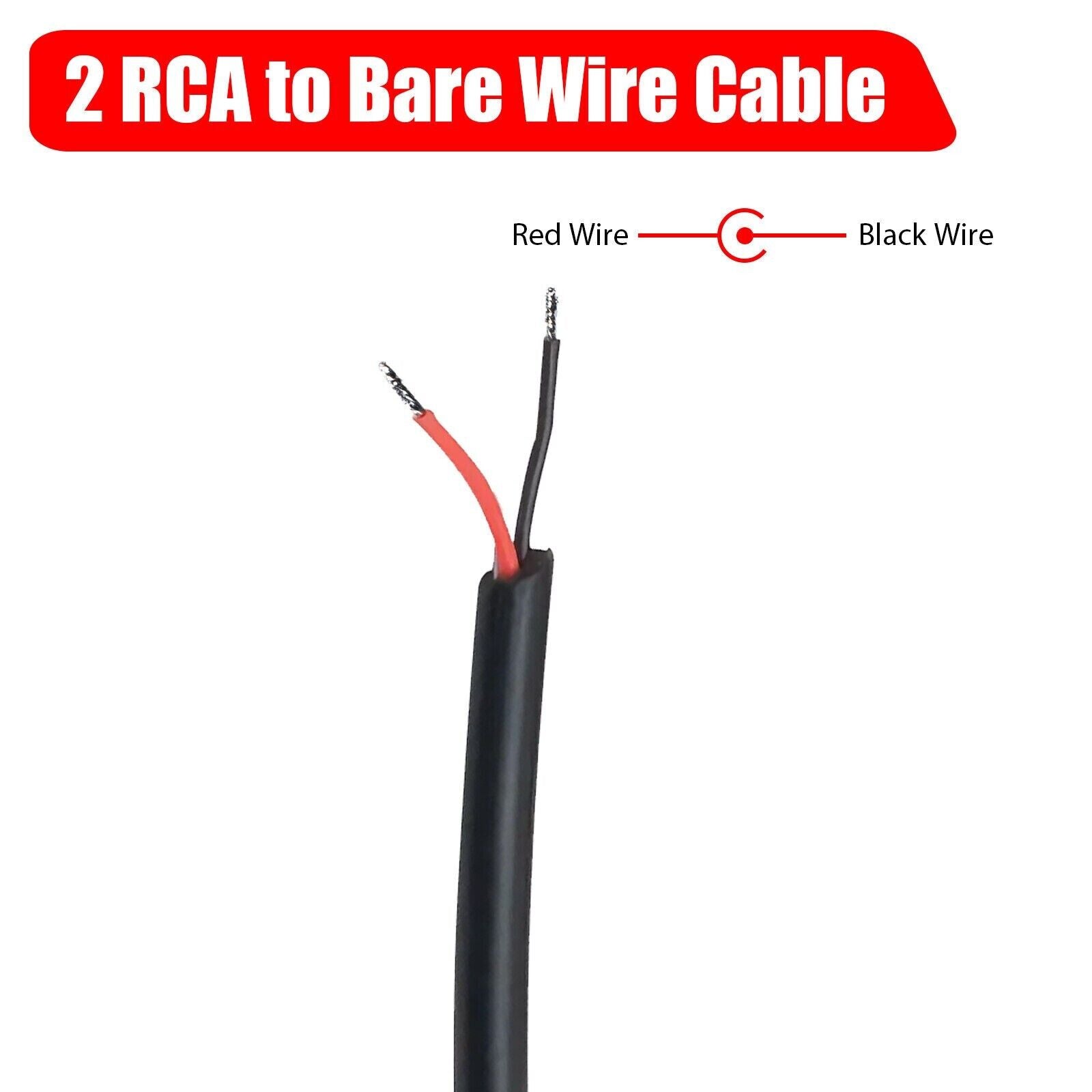 Two 10-foot RCA male plug to bare wire audio cables, ideal for connecting speakers and subwoofers.