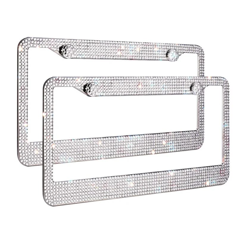 Two sparkling rhinestone license plate frames, showcasing a glittering design with multifaceted crystals, perfect for enhancing vehicle aesthetics.