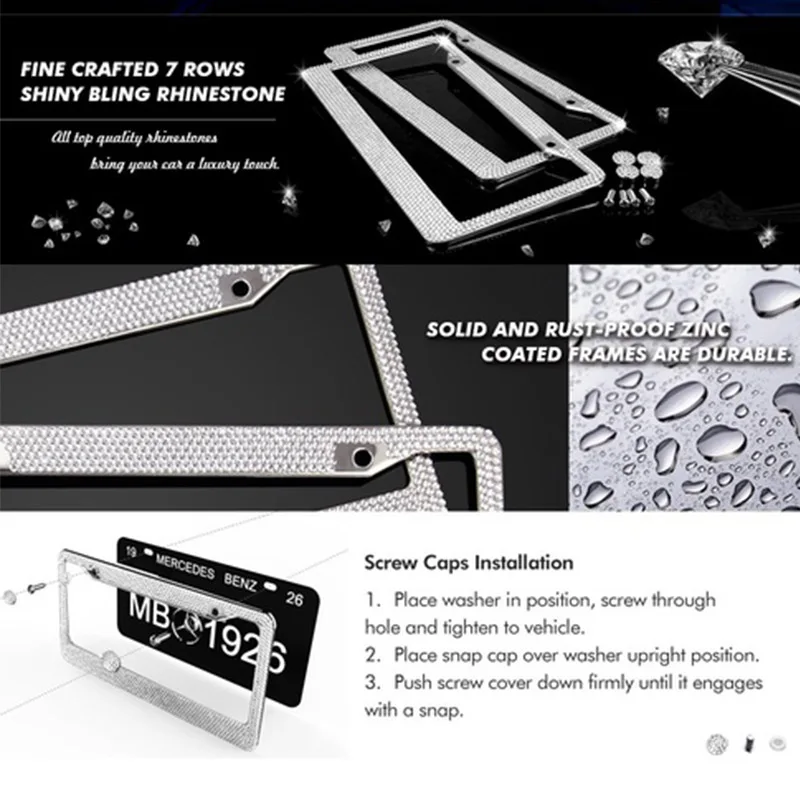 Two sparkling rhinestone license plate frames, showcasing a glittering design with multifaceted crystals, perfect for enhancing vehicle aesthetics.