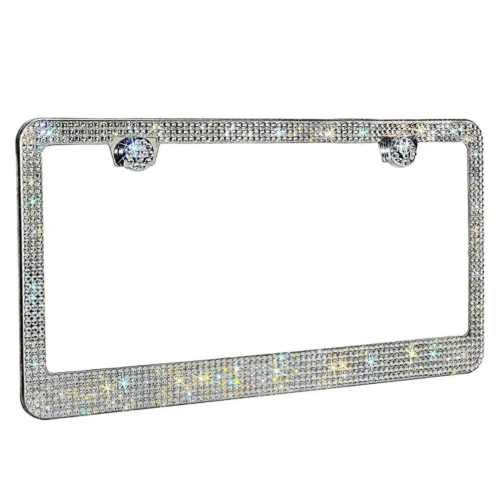Two sparkling rhinestone license plate frames, showcasing a glittering design with multifaceted crystals, perfect for enhancing vehicle aesthetics.