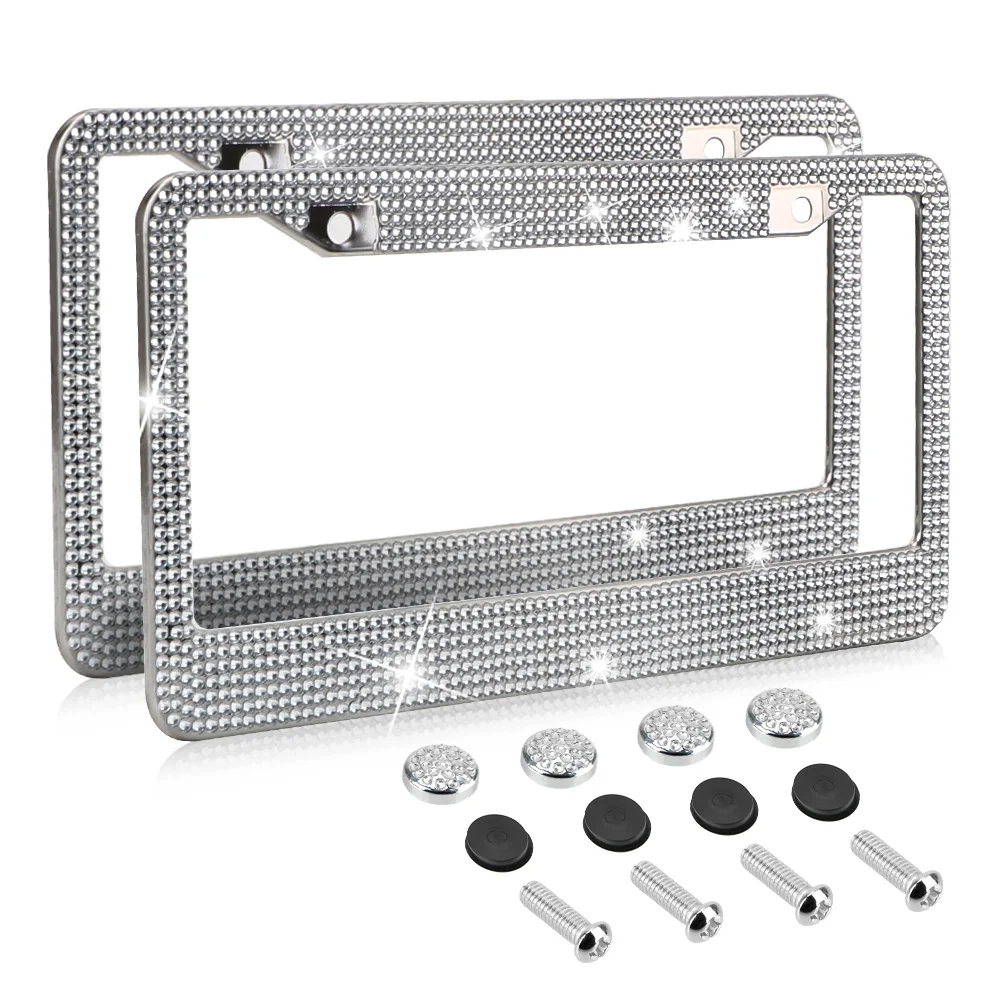 Two sparkling rhinestone license plate frames, showcasing a glittering design with multifaceted crystals, perfect for enhancing vehicle aesthetics.