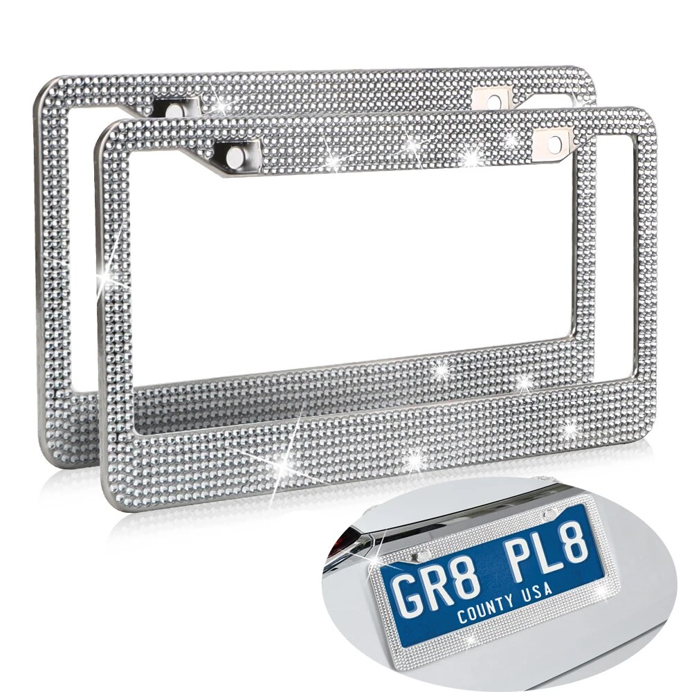 Two sparkling rhinestone license plate frames, showcasing a glittering design with multifaceted crystals, perfect for enhancing vehicle aesthetics.