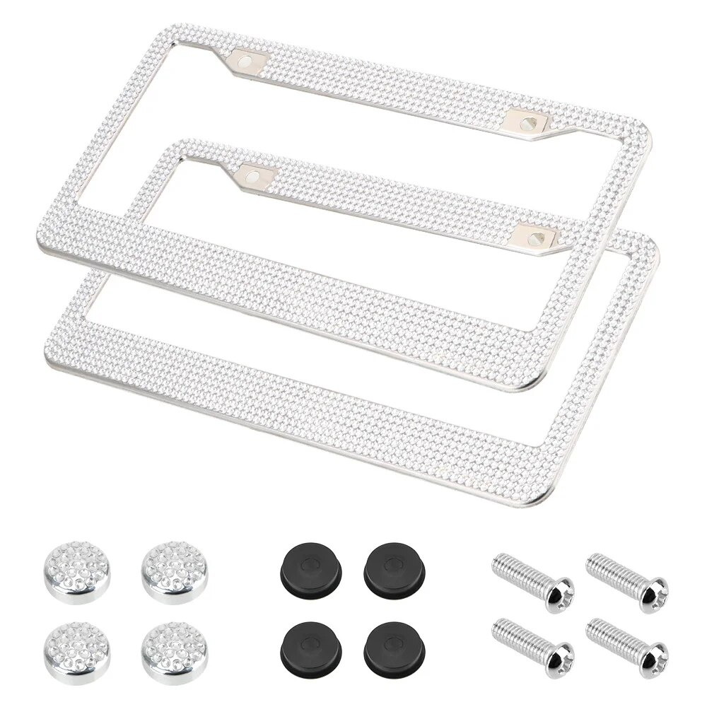 Two sparkling rhinestone license plate frames, showcasing a glittering design with multifaceted crystals, perfect for enhancing vehicle aesthetics.
