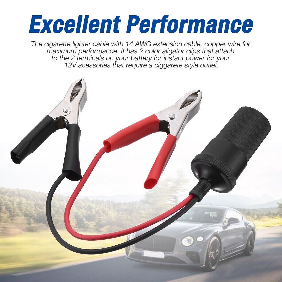 2PCS Car Battery Alligator Clamp Clip Cigarette Lighter Power Adapter with alligator clips and female socket for 12V applications.