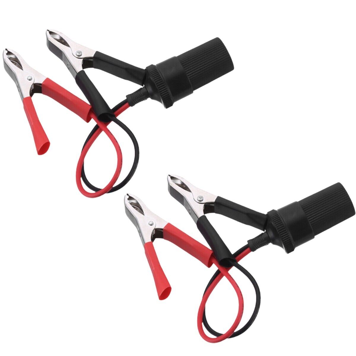 2PCS Car Battery Alligator Clamp Clip Cigarette Lighter Power Adapter with alligator clips and female socket for 12V applications.