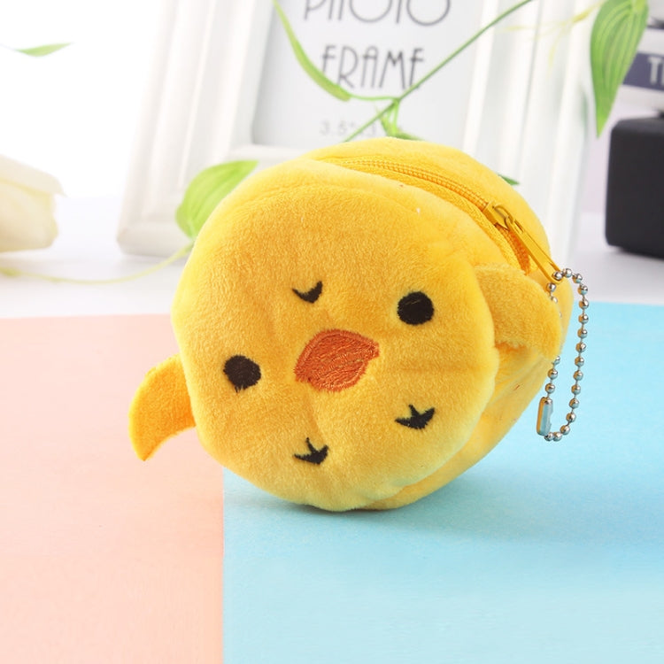 Two pieces of children cartoon plush key coin purse featuring a cute chick design, made of soft short plush material.