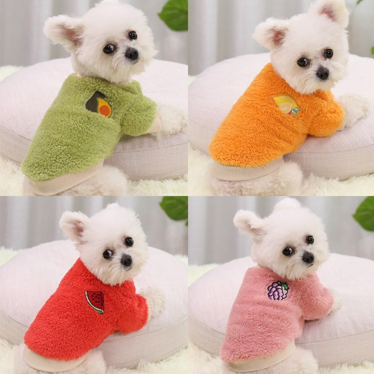 Two pieces of warm clothing for small dogs and cats, made from soft polyester, available in various sizes.