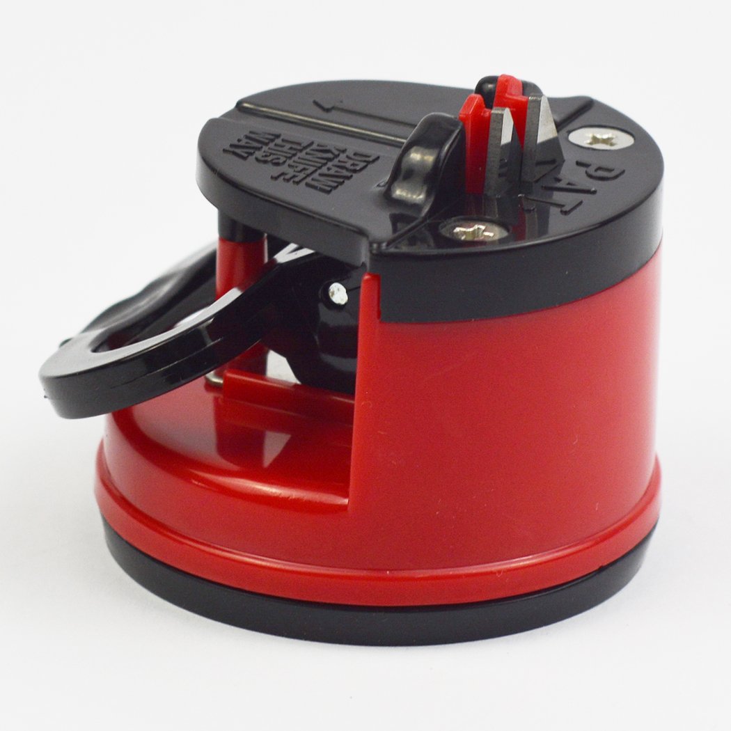 Two red kitchen knife sharpeners with suction base and tungsten carbide plates, designed for safe and effective sharpening of knife blades.